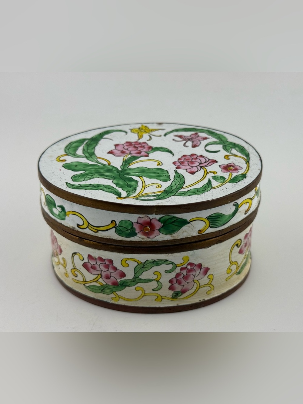 Antique Chinese Canton Enamel Oval Trinket Box – Hand-Painted Floral & Butterfly